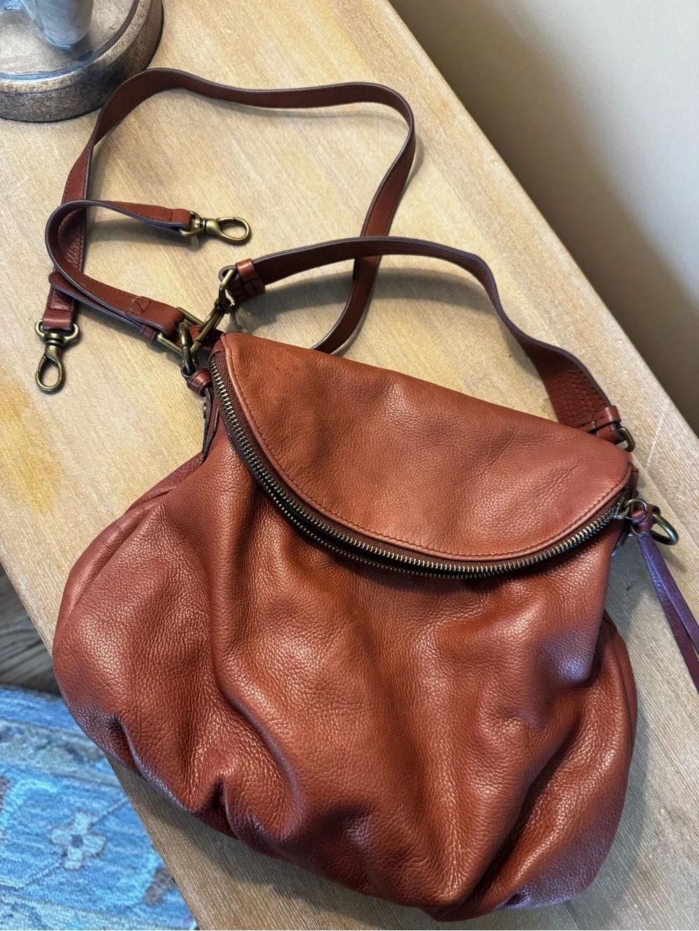 Women's Leather Crossbody Bag in cognac brown genuine leather.